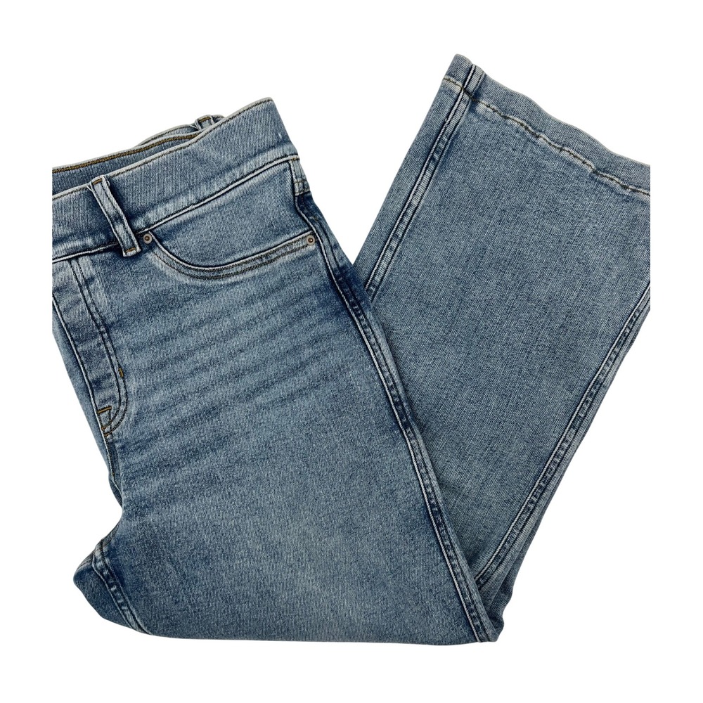 Spanx Womens XL Petite Flare Jeans Medium Wash High Rise Cropped Pull On Blue